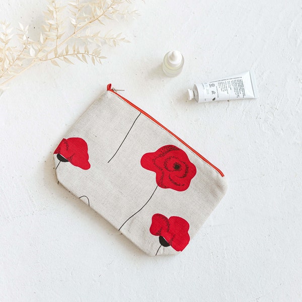 Linen Makeup Bag with Red Poppies • Cosmetic Pouch with the Zip  Washbag for Women