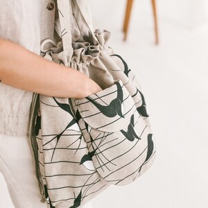 Linen Bucket Bag with Swallows • Handmade Boho Bag • Drawstring Lock Shoulder Bag • Bag with Large Front Pocket