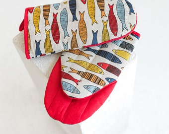 Linen Kitchen Mitts with Sardines • Handmade Cooking Mitt • Large Oven Glove • Patterned Red Pot Holder