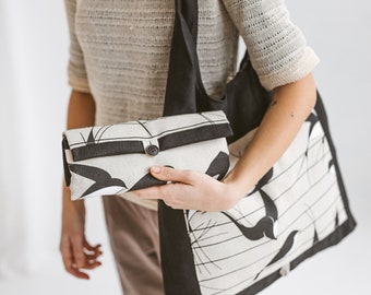Linen Tote Bag with Swallows • Black Foldable Shopping Bag • Eco friendly Reusable Bag