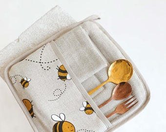 Multipurpose Kitchen Set with Bumblebees • Quilted Coaster with Pocket and Two Tea Towels • Double Layered Pot Holder