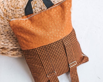 Checkered Linen Backpack • Orange Unisex Rucksack Multifunctional Backpack with Adjustable Straps