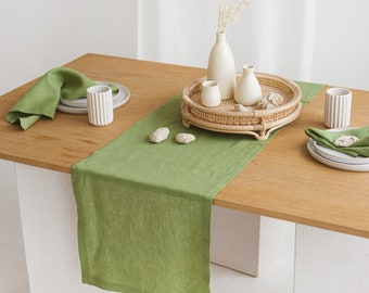 Linen Table Runner with Mitered Corners FOREST GREEN • Stonewashed Pure Table Linen • Stylish Table Decor