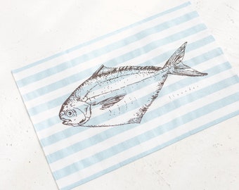 Linen Tea Towel with Flounder Fish  • Durable Kitchen Towel with Stripes • Handmade Dish Towel
