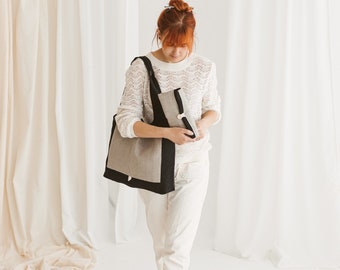 Borsa tote nera con tasca grigia • Shopping bag pieghevole • Borsa riutilizzabile ecologica