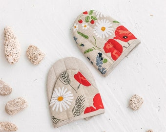 Linen Oven Mitts with Wild Flowers  •  Handmade Cooking Mitt • Patterned Pot Holder