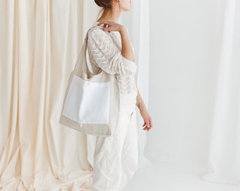 Linen Tote Bag with White Pocket • Foldable Shopping Bag • Eco friendly Reusable Bag