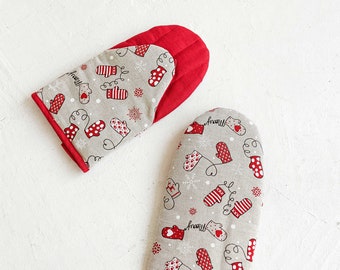 Linen Oven Glove with Christmas Mittens • Handmade Cooking Mitt • Large Kitchen Glove • Patterned Pot Holder