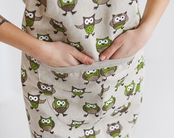 Linen Apron with Green Owls • Apron for Gardening Painting Cooking • Apron with Deep Front Pocket