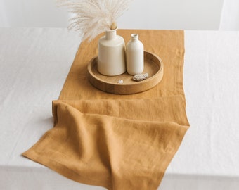 Linen Table Runner with Mitered Corners MUSTARD YELLOW • Stonewashed Pure Table Linen • Stylish Table Decor