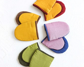 Natural Linen Oven Gloves in Bright Colours • Plain Handmade Cooking Mitts