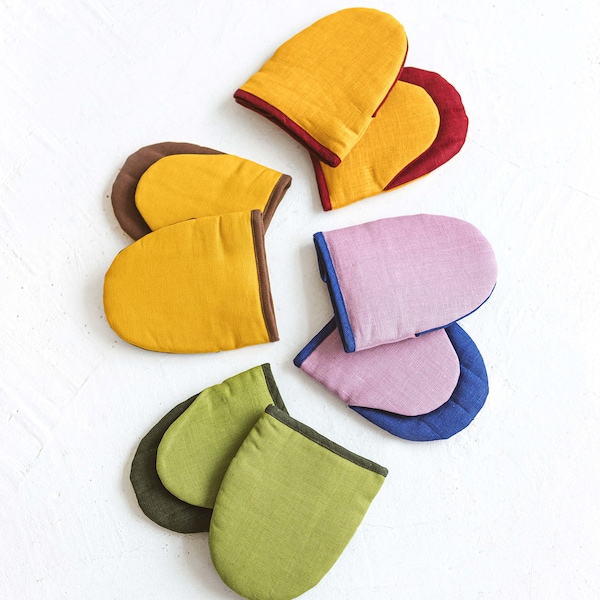 Natural Linen Oven Gloves in Bright Colours • Plain Handmade Cooking Mitts