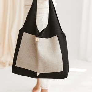 Black Tote Bag with Grey Pocket Foldable Shopping Bag Eco friendly Reusable Bag image 2