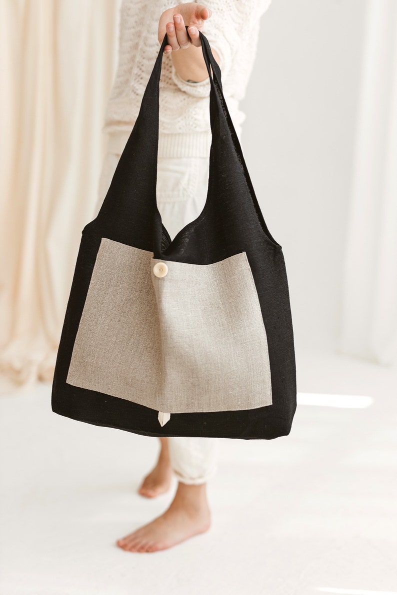 Black Tote Bag with Grey Pocket Foldable Shopping Bag Eco friendly Reusable Bag image 2