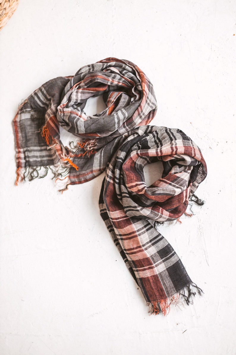 Plaid Checked Linen Scarf Soft and Light Unisex Scarf 100% Stonewashed Linen Scarf with Tassels image 3