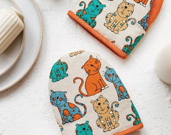 Linen Oven Gloves with Cats • Natural Cooking Mitts • Handmade Pot Holder