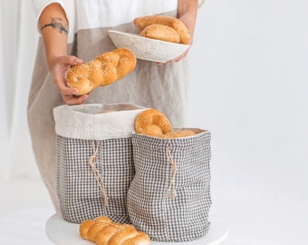 Pure Linen Bread Bag • Handmade Reusable Food Storage • Double Layered Small Buffalo Plaid Bakery Bag • French Bread Loaf Bag