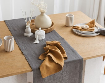 Linen Table Runner with Mitered Corners CHARCOAL GREY • Stonewashed Pure Table Linen • Stylish Table Decor