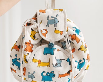 Linen Backpack with Dogs • Women’s Girls Drawstring Rucksack