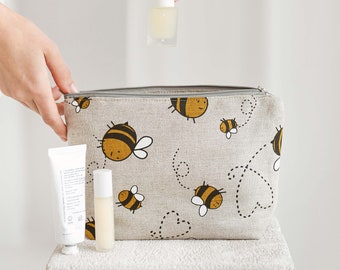Linen Makeup Bag with Bumblebees • Cosmetic Pouch with the Zip  Washbag for Women