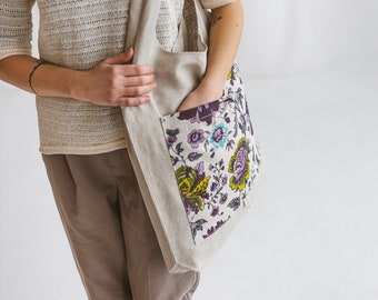 Linen Tote Bag with Wild Flowers • Foldable Shopping Bag • Eco friendly Natural Reusable Bag