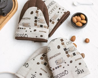 Linen Oven Mittens with Coffee Print • Natural Cooking Glove • Handmade Patterned Pot Holder