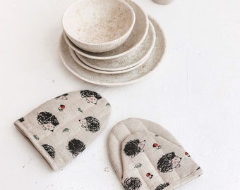 Linen Oven Mitts with Hedgehogs • Natural Cooking Glove • Handmade Pot Holder