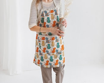 Linen Apron with Cute Cats • Apron for Gardening Painting Cooking • Apron with Deep Front Pocket