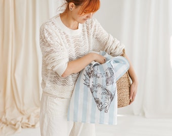 Linen Tea Towel with Redfish  • Blue Striped Kitchen Towel • Handmade Dish Cloth