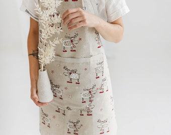Linen Apron with Deer Rudolph • Christmas Apron for Gardening Painting Cooking • Apron with Deep Front Pocket
