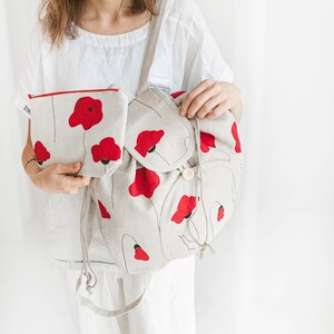 Linen Makeup Bag with Red Poppies Cosmetic Pouch with the Zip Washbag for Women image 2