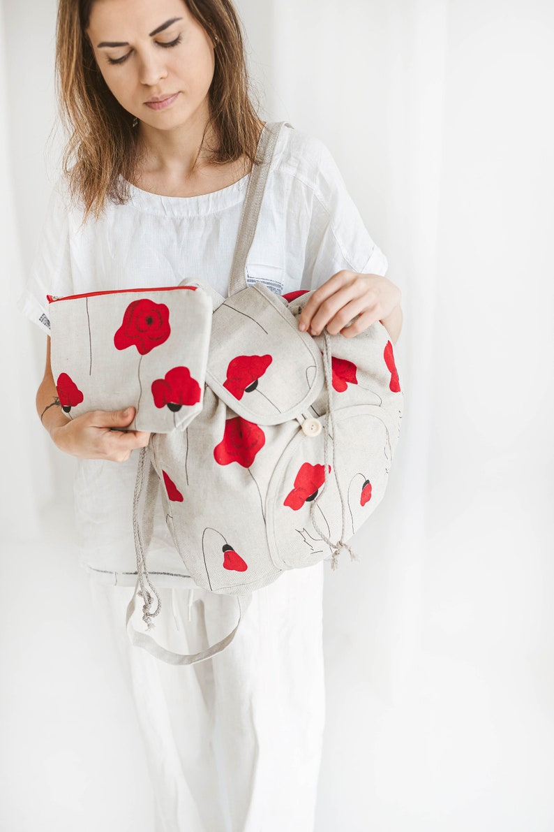 Linen Makeup Bag with Red Poppies Cosmetic Pouch with the Zip Washbag for Women image 2