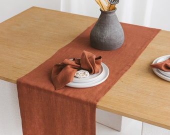 Linen Table Runner with Mitered Corners COPPER RED • Stonewashed Pure Table Linen • Stylish Table Decor