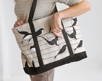 Linen Handbag with Swallows • Women’s Tote with Zip • Handmade Shoulder Bag