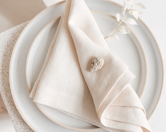Stonewashed Linen Napkins With Mitered Corners BALTIC SAND • Natural 100% Linen Fabric Table Napkins