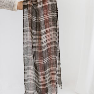Plaid Checked Linen Scarf Soft and Light Unisex Scarf 100% Stonewashed Linen Scarf with Tassels image 2