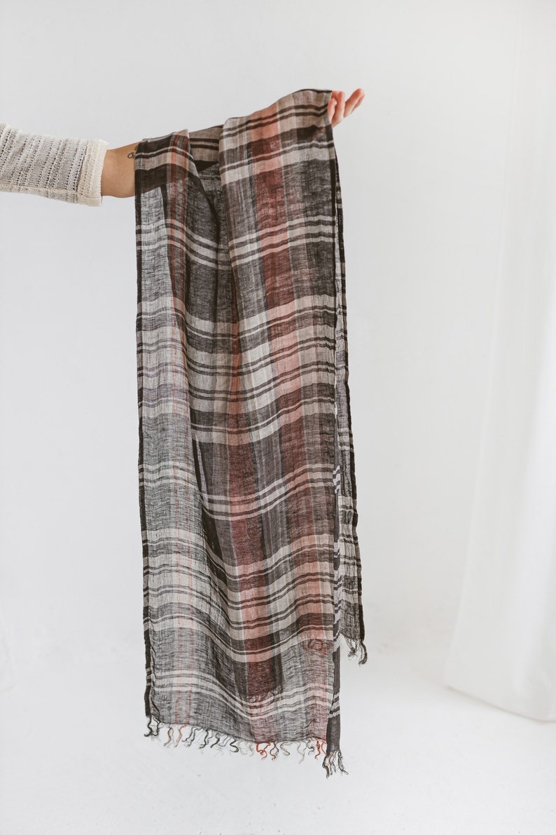 Plaid Checked Linen Scarf Soft and Light Unisex Scarf 100% Stonewashed Linen Scarf with Tassels image 2