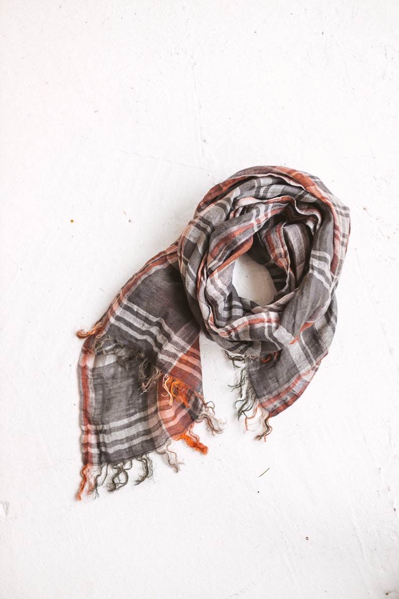 Plaid Checked Linen Scarf Soft and Light Unisex Scarf 100% Stonewashed Linen Scarf with Tassels image 5