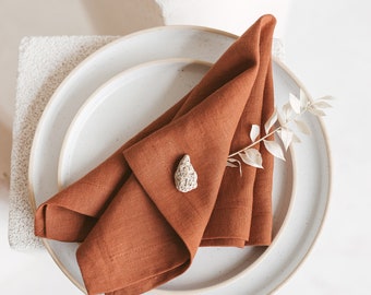 Stonewashed Linen Napkins With Mittered Corners COPPER RED • Natural 100% Linen Fabric Table Napkins