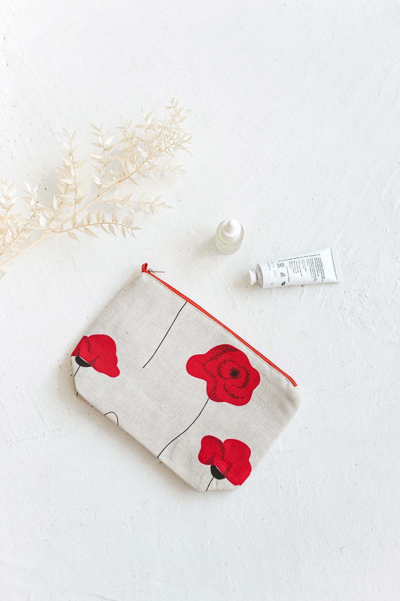 Linen Makeup Bag with Red Poppies Cosmetic Pouch with the Zip Washbag for Women image 1
