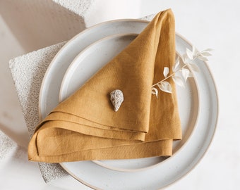Stonewashed Linen Napkins With Mittered Corners MUSTARD • Natural 100% Linen Fabric Table Napkins