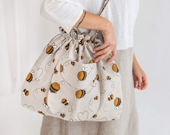 Linen Bucket Bag with Bumblebees • Handmade Boho Bag • Drawstring Lock Shoulder Bag • Bag with Large Front Pocket