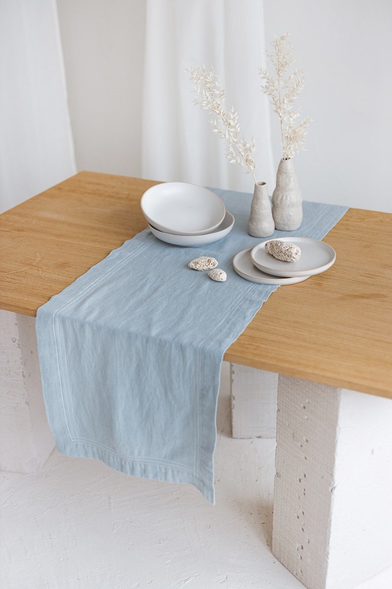 Linen Hemstitch Table Runner Vintage Heavyweight Table Linen Stonewashed Linen Table Decor image 3