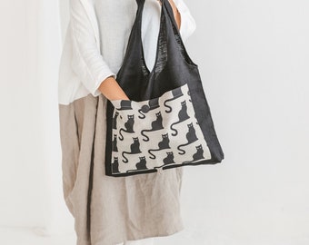 Linen Tote Bag with Cats • Black Foldable Shopping Bag • Eco friendly Reusable Bag