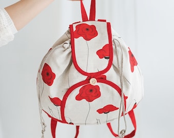 Linen Backpack with Red Poppies • Women’s Girls Drawstring Rucksack