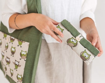 Linen Tote Bag with Owls • Green Foldable Shopping Bag • Eco friendly Reusable Bag