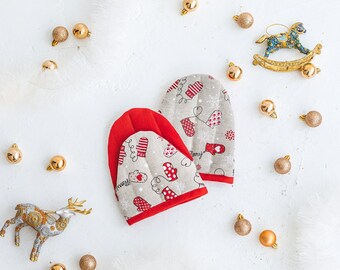 Linen Oven Gloves with Christmas Mittens • Handmade Cooking Mitt • Patterned Pot Holder