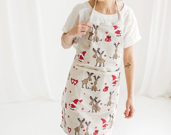 Linen Apron with Santa and Deer • Christmas Apron for Gardening Painting Cooking • Apron with Deep Front Pocket
