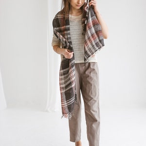 Plaid Checked Linen Scarf Soft and Light Unisex Scarf 100% Stonewashed Linen Scarf with Tassels image 6