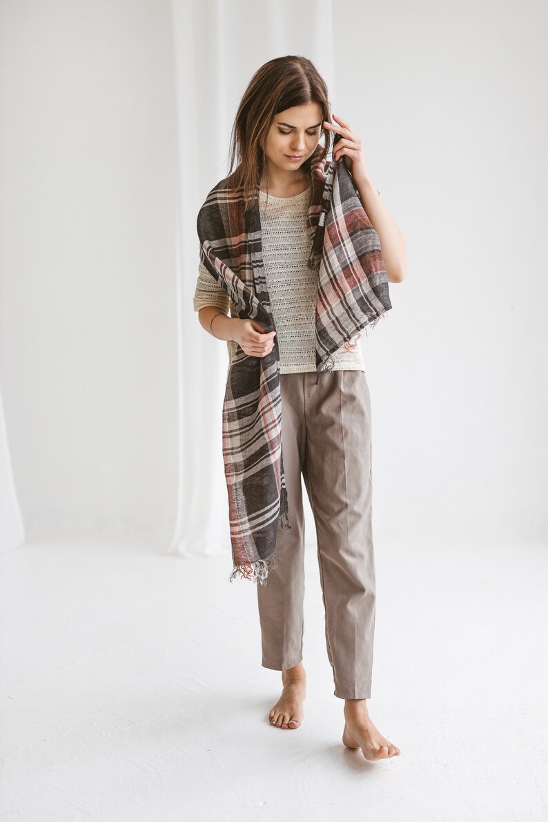 Plaid Checked Linen Scarf Soft and Light Unisex Scarf 100% Stonewashed Linen Scarf with Tassels image 6